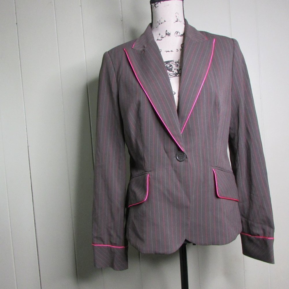 Jessica McClintock Blazer Jacket 6 Brown Pink Pin Stripe